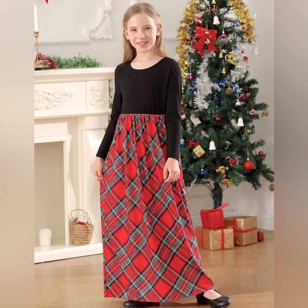 Festive Black & Red Plaid Long Sleeve Dress